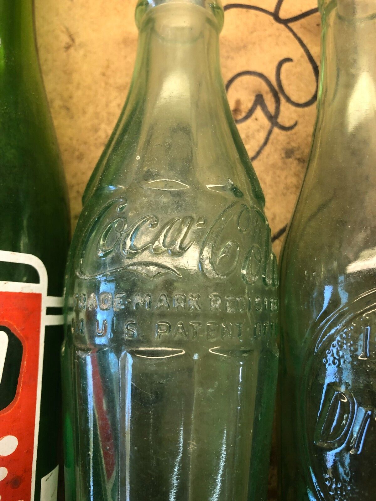 Vintage 7-up, Coke, Dr Pepper, Crush & Tom's Soda Bottle Collection Lot of 5